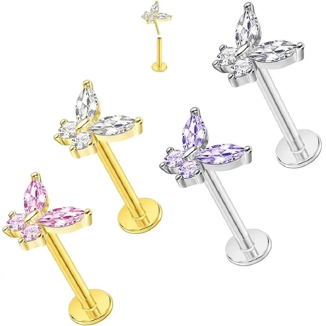 16G Threadless Nose Studs Butterfly Bee Flat Back Lip Rings