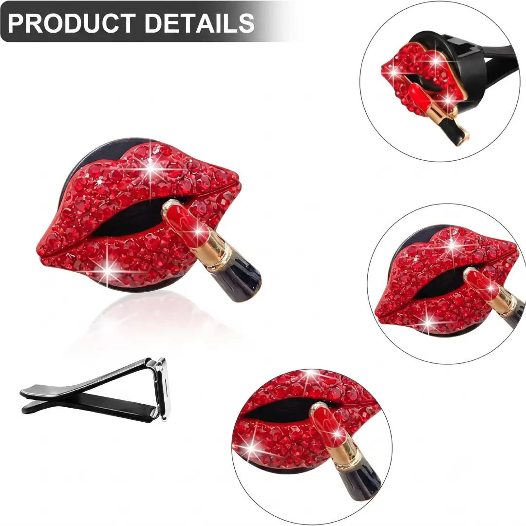 5 Pcs Bling Red Lips Car Air Vent Clips Heart Rhinestone Charms image 6