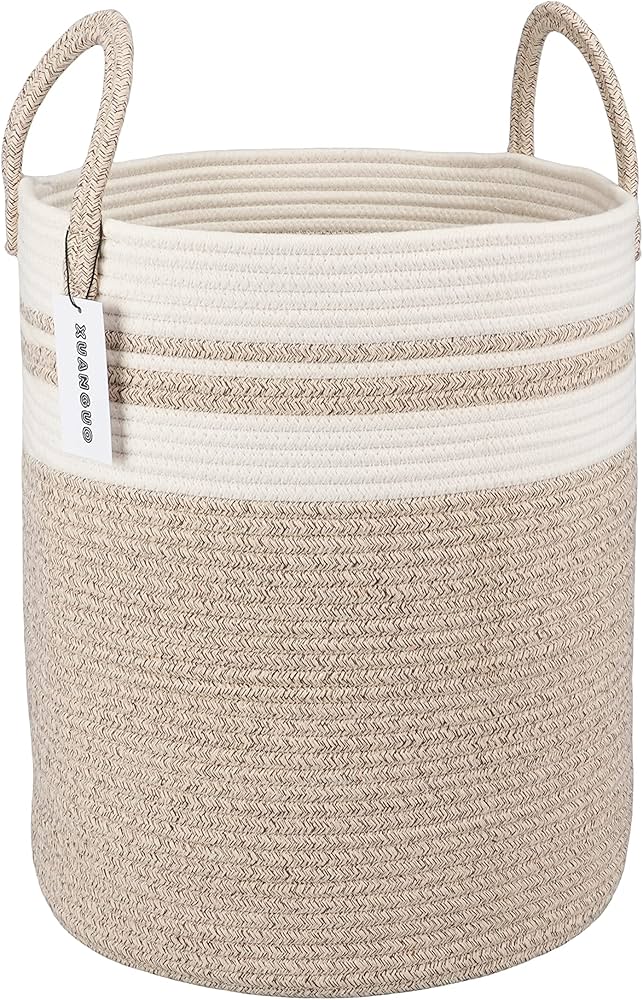 Large Woven Laundry Basket Hamper, 60L Cotton Rope Storage Basket for Blankets in Living Room, Decorative Tall Nursery Hamper for Clothes and Toys, White and Brown