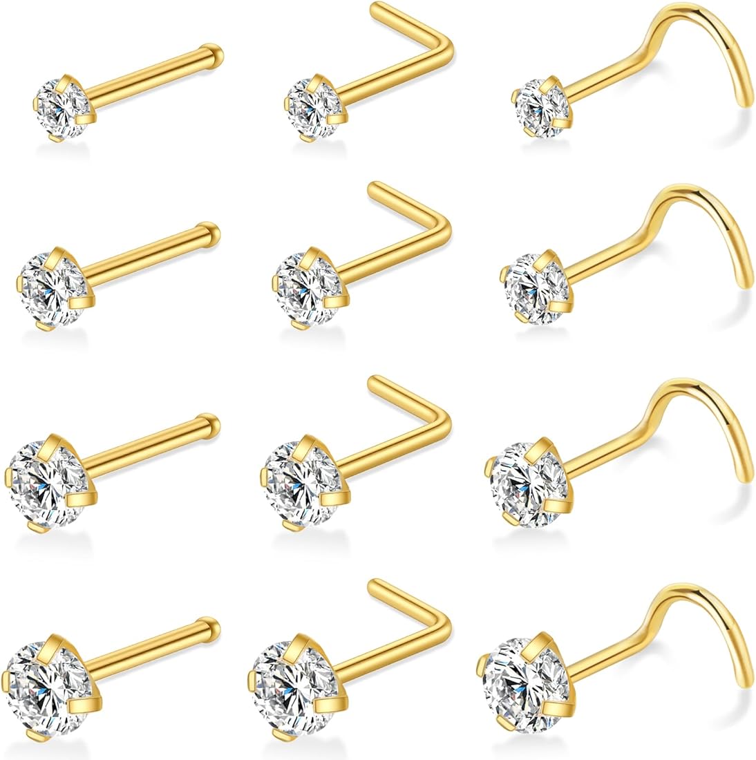 12 Pcs Gold/Silver Surgical Steel Nose Rings Studs Set for Women 20G Nose Piercing Stud Nose Studs Set Jewelry for Women Men Nose Piercings Jewelry Gift Piercing Jewelry 0.8mm