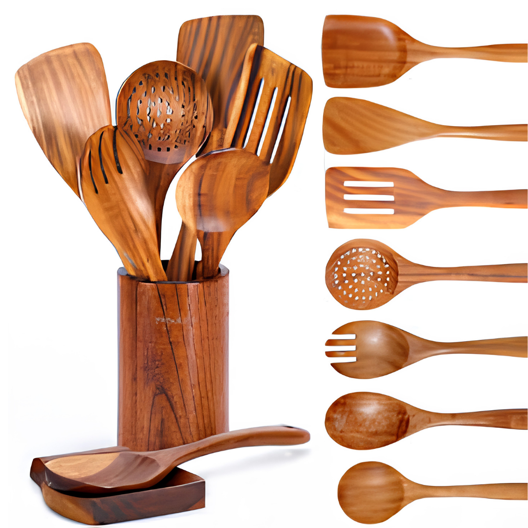 9 Piece Teak Wooden Kitchen Utensil Set with Spoon Rest