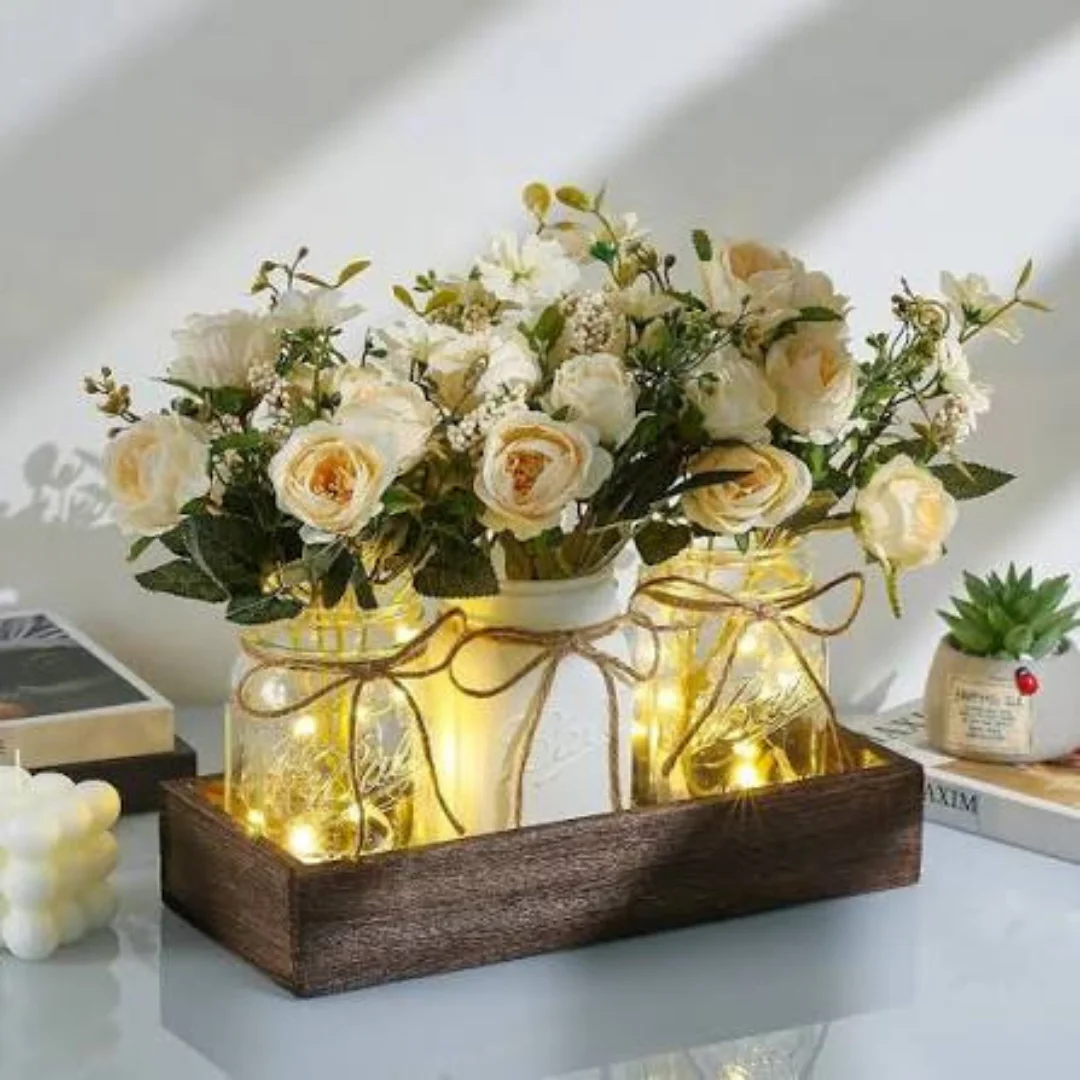 Mason Jar Centerpiece with Wood Tray and LED Lights 3 Pcs image 1