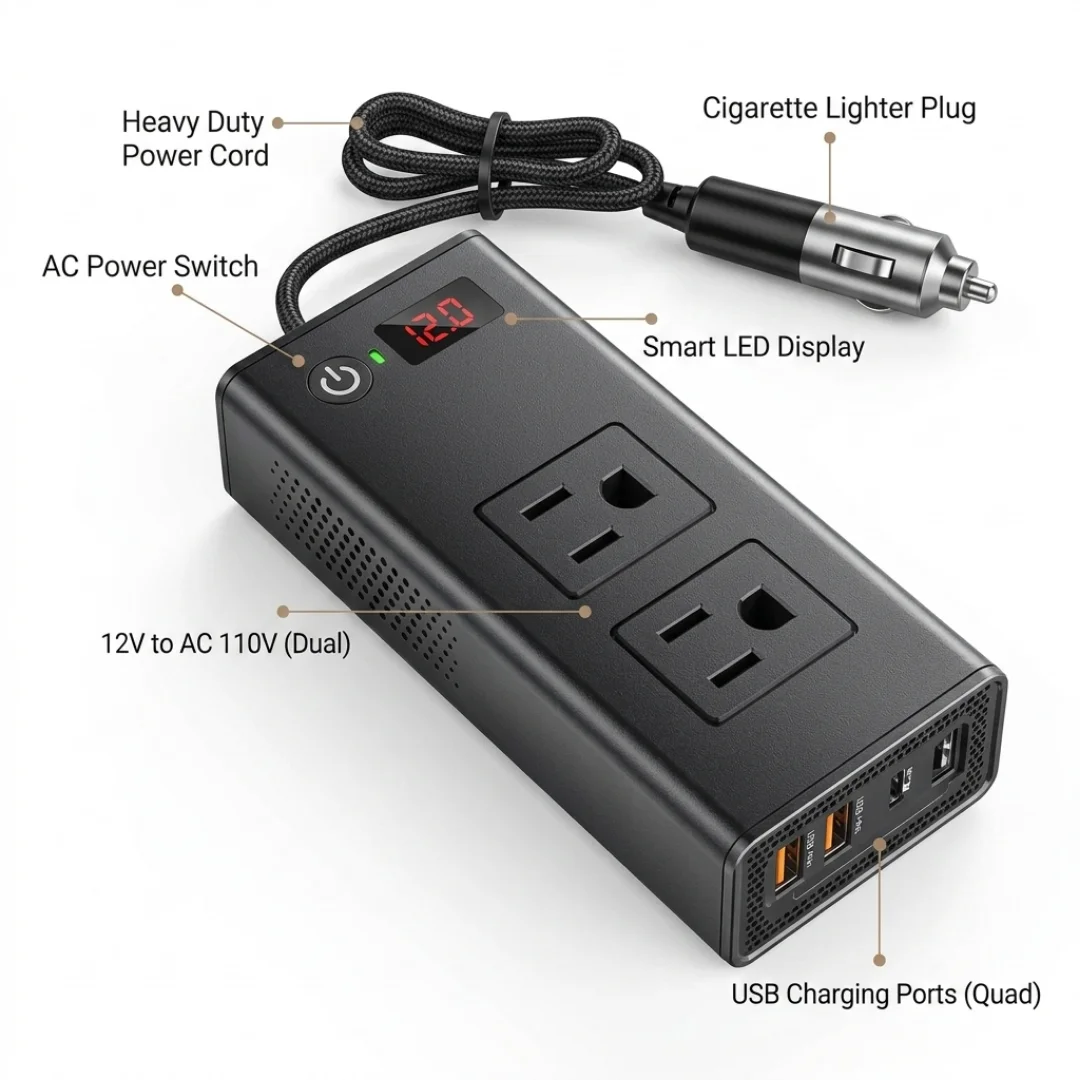 BESTEK 200W Car Power Inverter 12V to 110V with USB-C and Dual AC Outlets image 1
