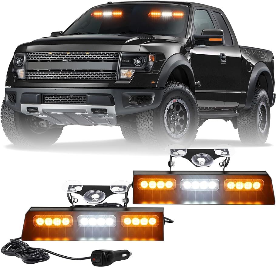 XRIDONSEN Emergency Dash Strobe Lights Safety Flashing Warning Hazard Interior Front/Rear Windshield Deck Split Light Bar w/Suction Cups for Construction Vehicles Trucks (2x14 inch, Amber White)