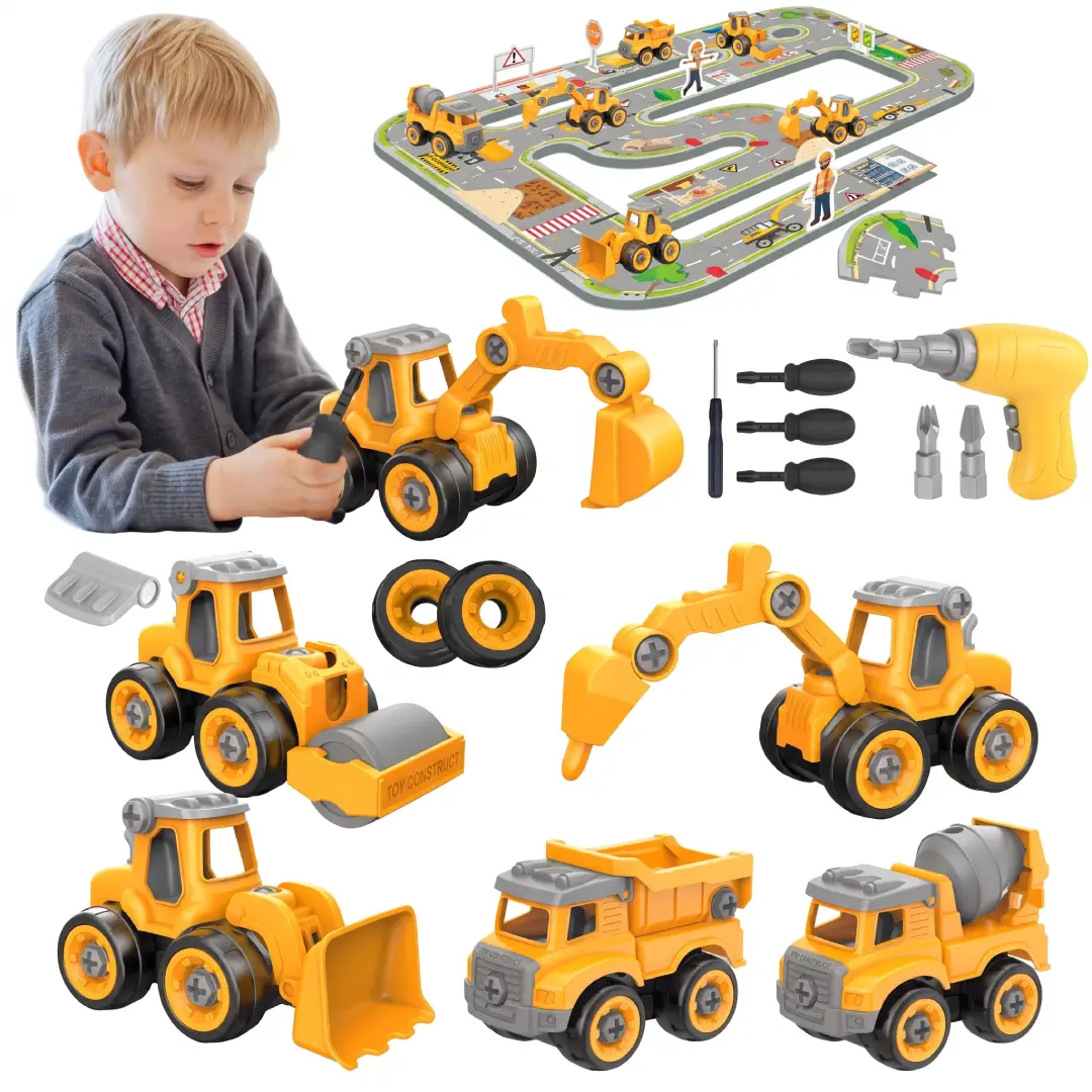 6-in-1 Take Apart Construction Truck Set with Electric Drill – STEM Building Toy for Kids image 7