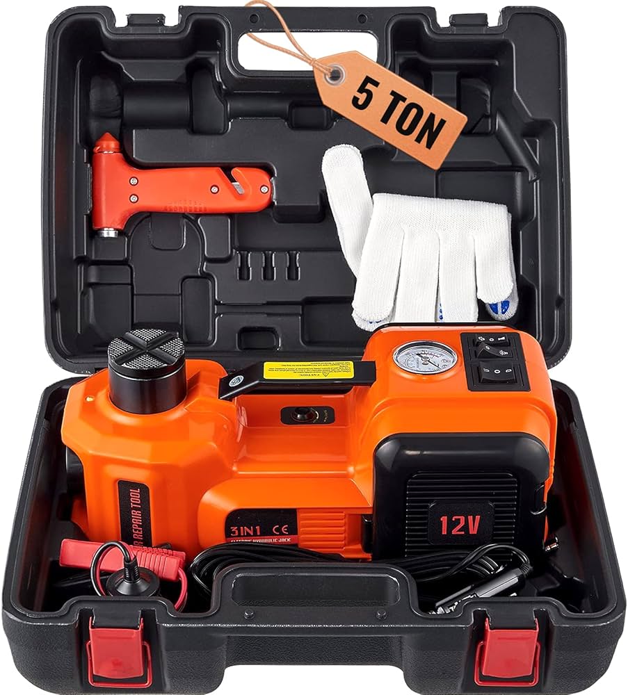 VEVOR Electric Car Jack, 5 Ton/11023 LBS Hydraulic Jack Lift with Electric Impact Wrench, Built-in Inflatable Pump, and LED Light for SUV MPV Sedan Truck Change Tires Garage Repair