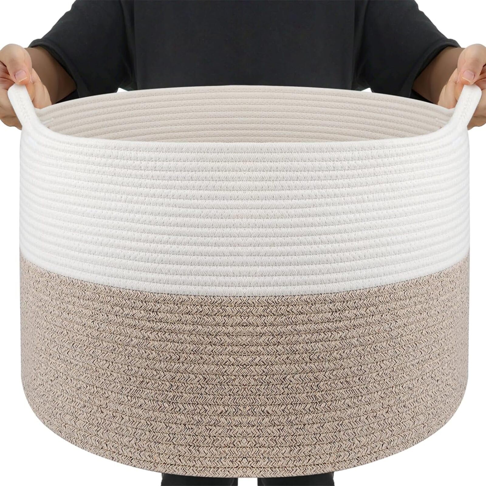 65L Large Woven Cotton Rope Blanket Basket with Handles, Laundry Hamper Storage Bin for Pillows, Clothes, Bedroom and Living Room Organization, White & Brown