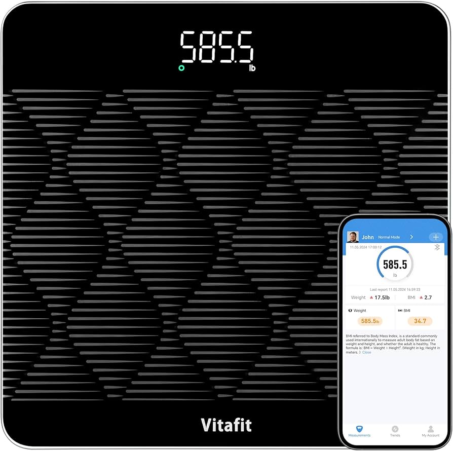 Vitafit Amazing 660lb Smart Bathroom Scale for Body Weight in 0.1lb, High Accuracy Assured by Scale Professional Factory Since 2001, Large Platform with 8mm Non-Slip Tempered Glass, LED, 3*AAA, Black
