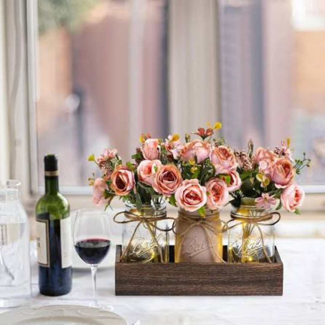 Mason Jar Centerpiece with Wood Tray and LED Lights 3 Pcs