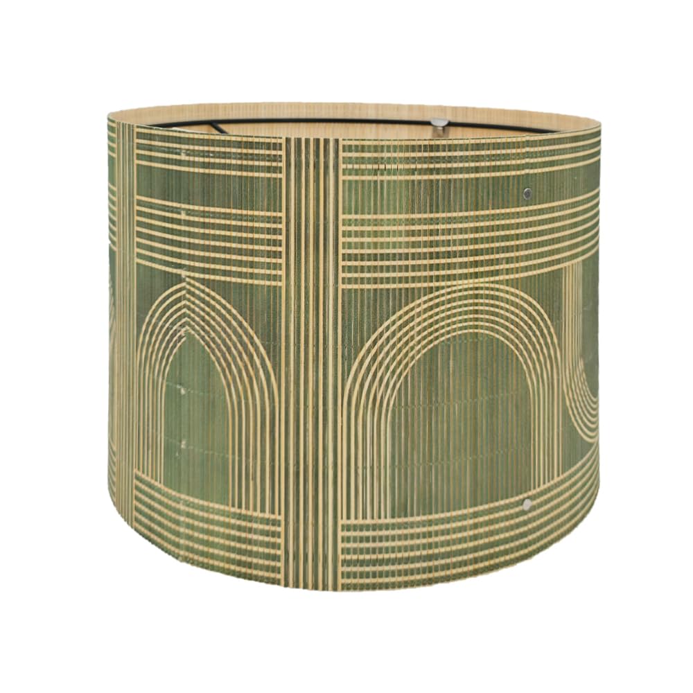 Rustic Bamboo Drum lamp Shade with Decorative Geometric Green Figure,Groovy Unique ideal for living room bedroom, easy assemble, size 11.8x9Inch