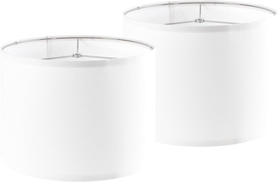 Set of 2 Pure White Linen Drum Lamp Shade 13" Top x 13" Bottom x 10" High (Spider) Contemporary Lamp Shades for Table Lamps & Bedside Lamps Replacement Lampshade - GO&SO - Assembly is Required