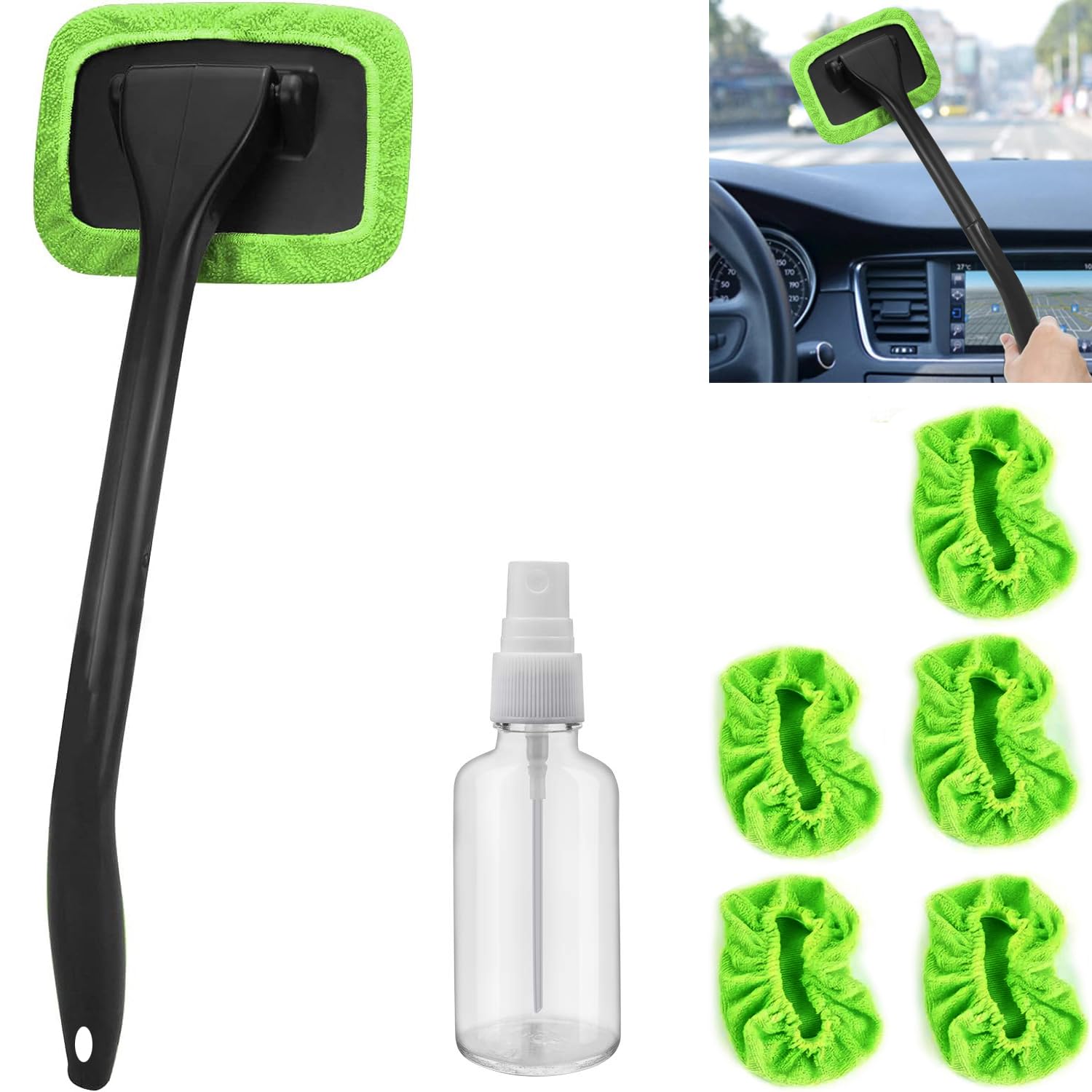 desin Car Windshield Cleaning Tool, Windshield Cleaner with 5 Washable and Reusable Microfiber Pads and Extendable Handle, for Auto Glass Wiper (Green)