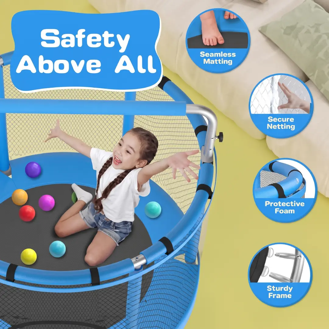 55-Inch Kids Trampoline with Safety Enclosure & Adjustable Gymnastics Bar image 3