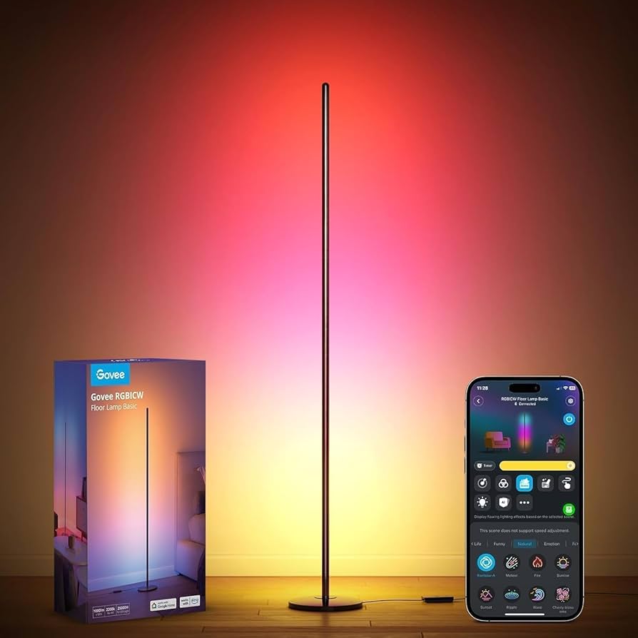 Govee RGBIC Floor Lamp Basic, 1000lm LED Corner Lamp Compatible with SmartThings, Alexa, and Matter, Modern Floor Lamp with Music Sync and 16 Million DIY Colors, Standing Lamp for Bedroom Living Room
