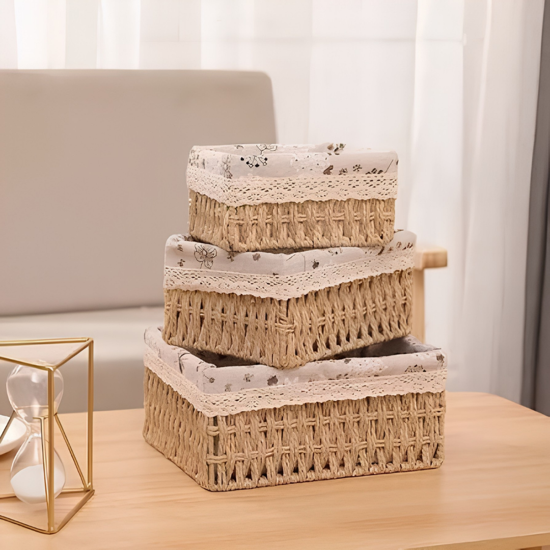 Floral Wicker Storage Baskets 3 Pack Handwoven Beige Basket Set image 2