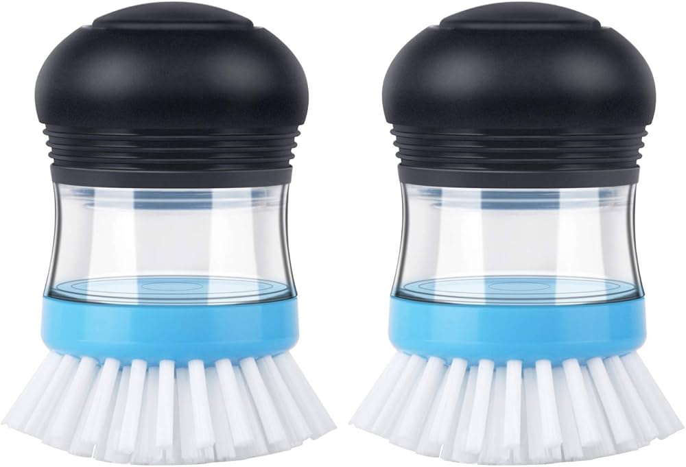 MR.SIGA Soap Dispensing Palm Brush, Kitchen Brush for Dish Pot Pan Sink Cleaning, Pack of 2, Navy/Blue