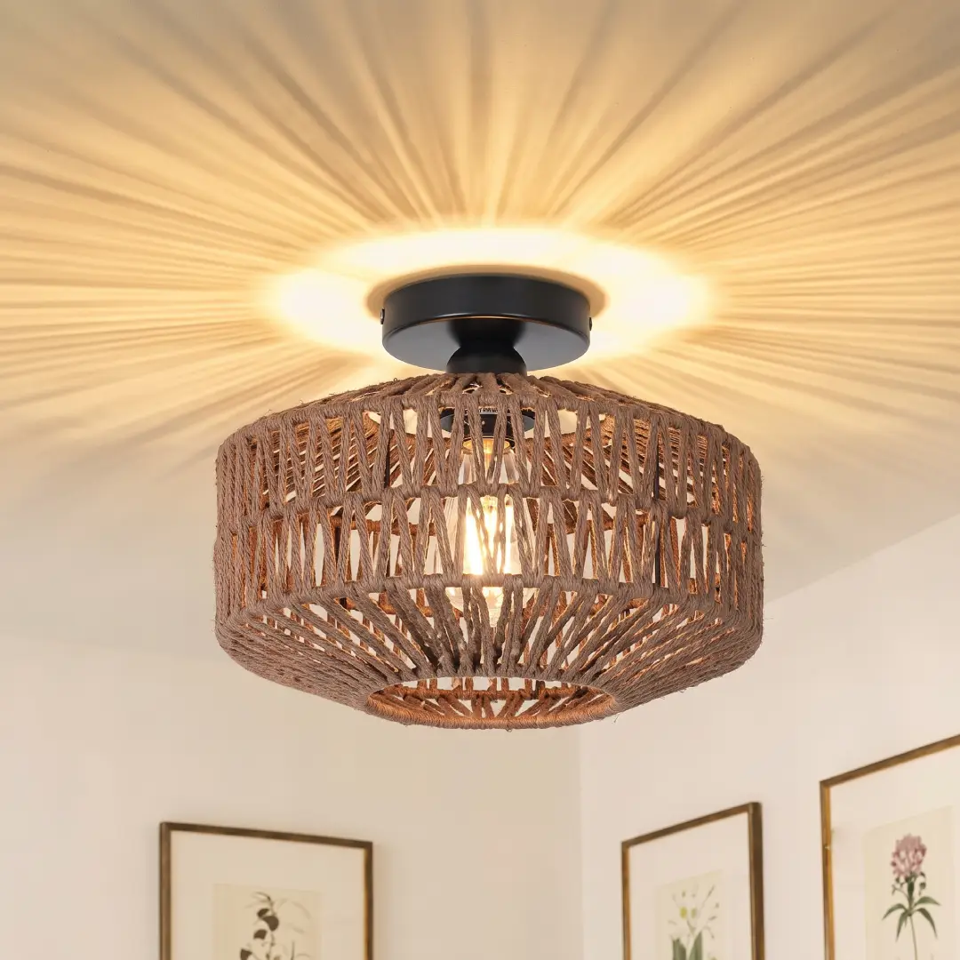 Boho Rattan Ceiling Light Fixture with Dimmable LED Bulb image 3