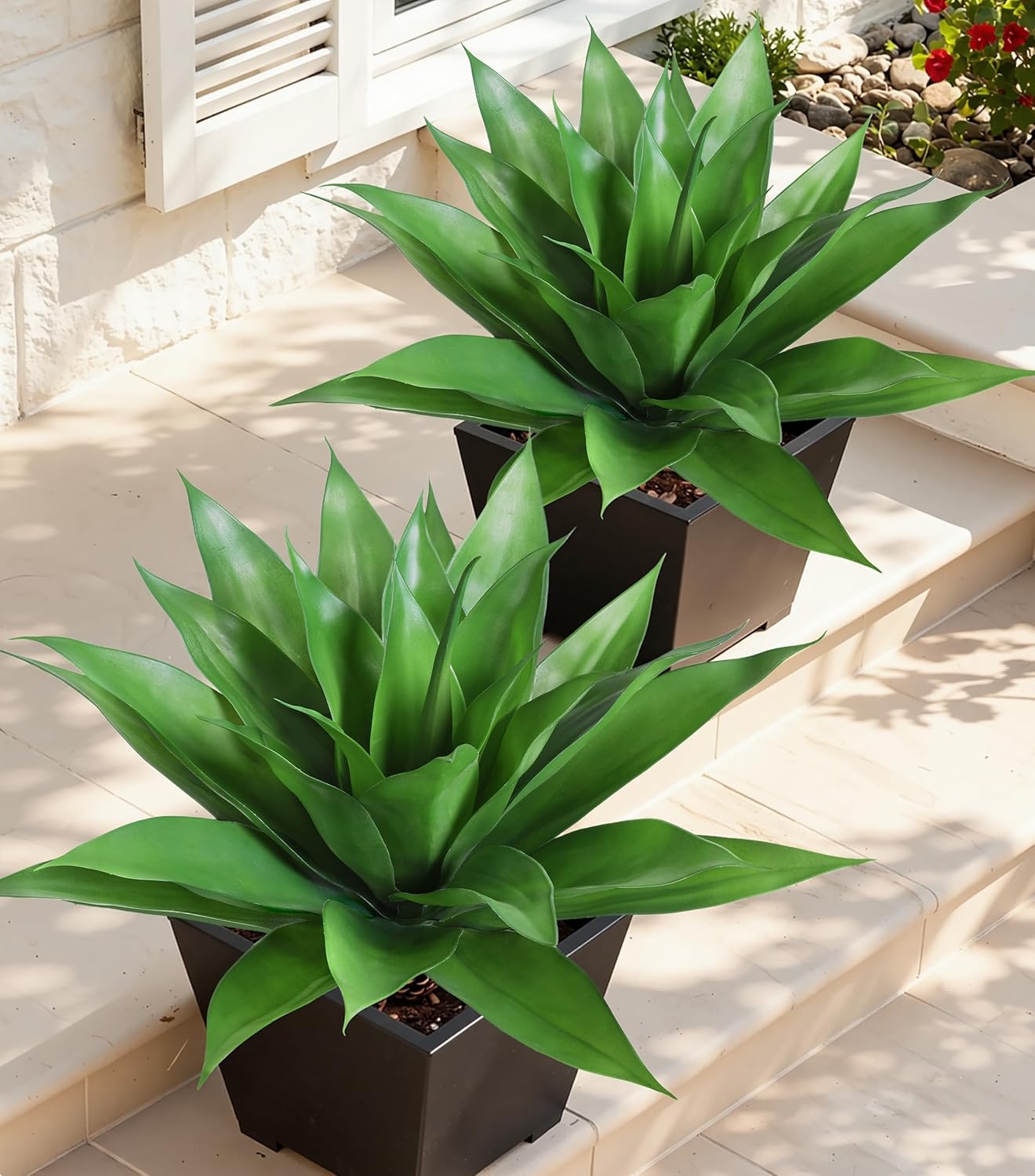 Ivydale Outdoor Faux Plants, 2 PCS 28" Artificial Agave Plant for Outdoors Outside Decoration, Large Fake Plants Realistic Greenery UV Resistant for Planter Porch Patio Yard Garden Indoor(Green)