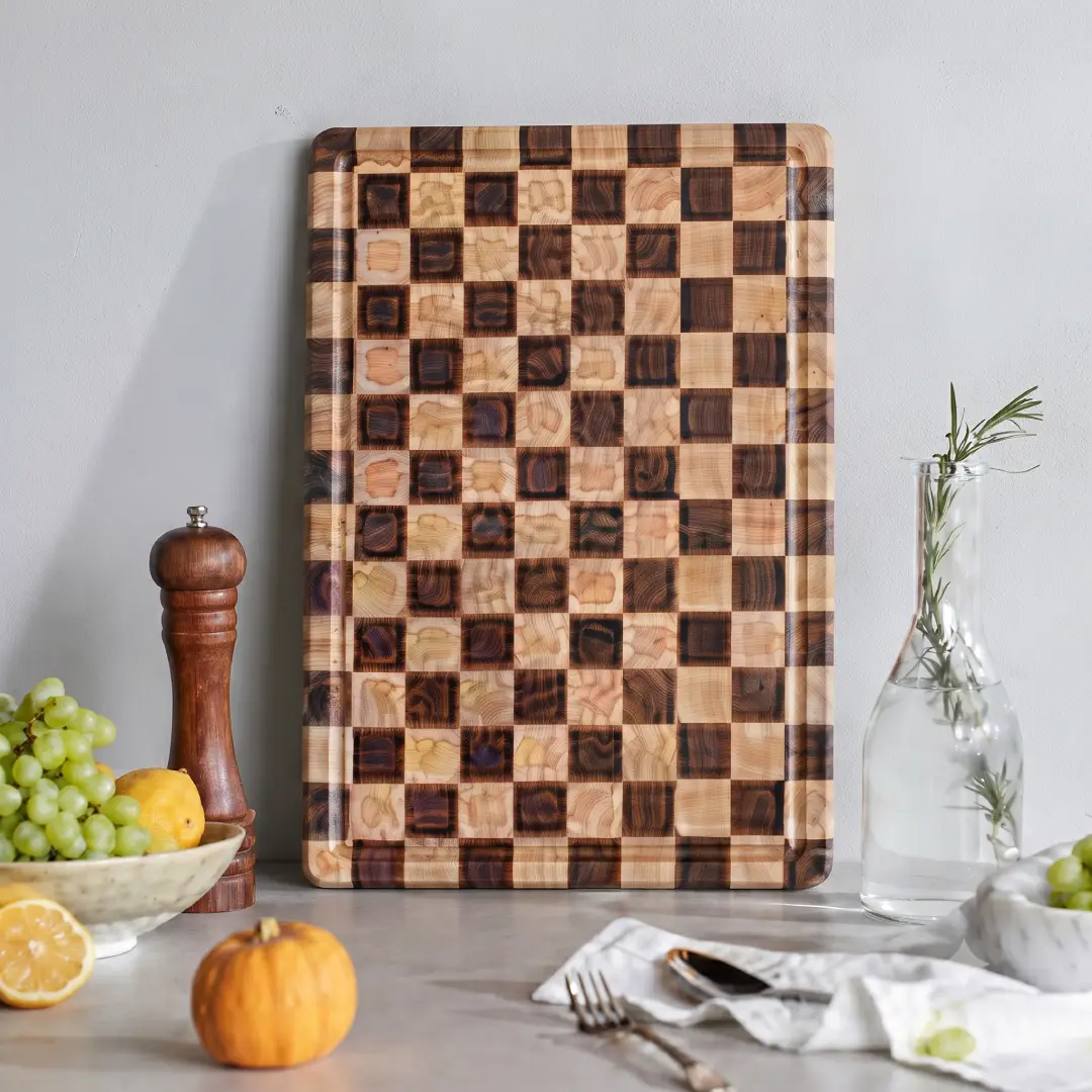 Acacia Wood Checkered Cutting Board with Juice Grooves image 1