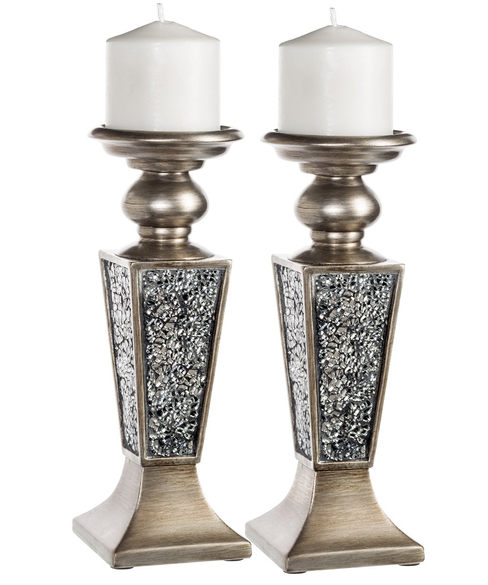 Creative Scents Schonwerk Silver Pillar Candle Holder Set of 2 - Crackled Mosaic Design - Centerpiece Table Decoration - Coffee Table Decor - Decoration Centerpiece for Living/Dining Room - Best Gift