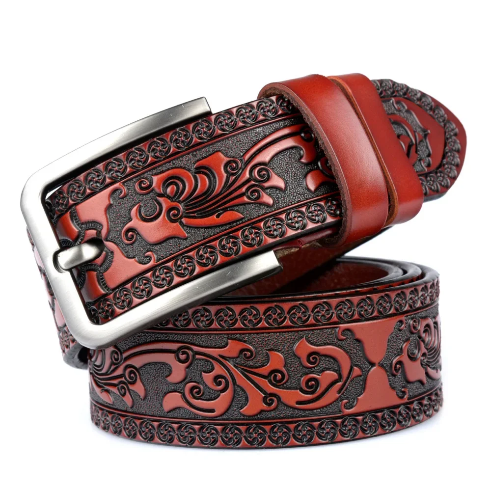 Genuine Leather retro men's and women's belt embossed pure cowhide retro nostalgic belts for women versatile jeans Western style