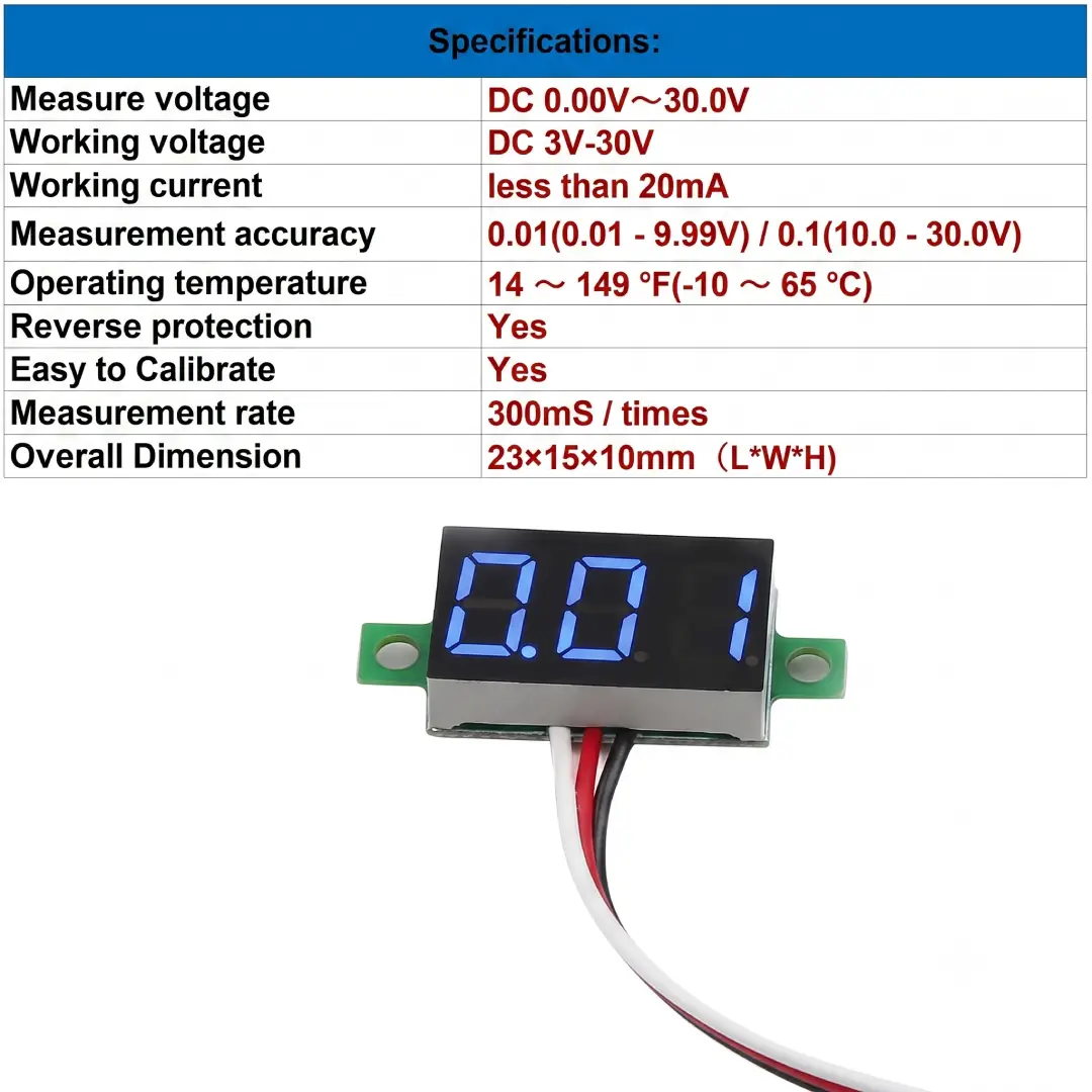 bayite 5 Pack DC 0-30V Mini Digital Voltmeter Gauge image 3