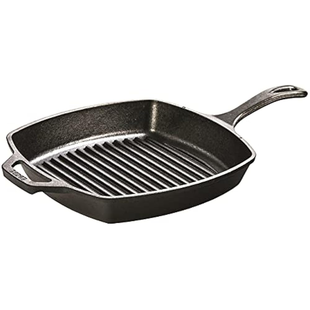 Lodge Square Cast Iron Grill Pan - Pre-Seasoned Square Skillet - Ridged Burger Grill Pan - Even Heat Distribution - PFAS-Free Non-Toxic Cookware - 10.5 Inches