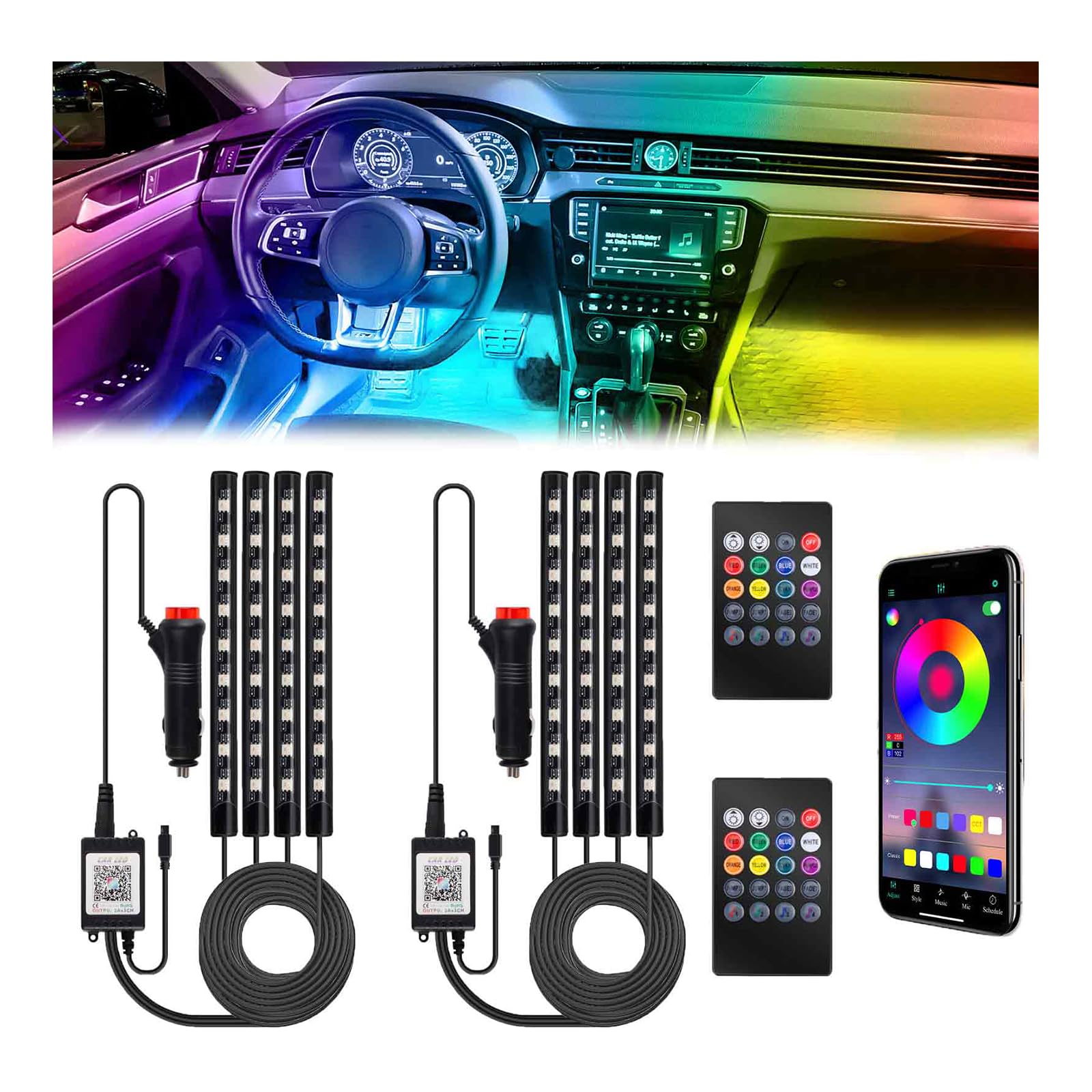 BFXM Car Interior Lights, 12V LED Strip Lights with Cigarette Lighter Adapter, Ambient Lighting Car Accessories, App & Remote Control Music Sync Color Change Lights for Truck Car Decor (36LED Beads)