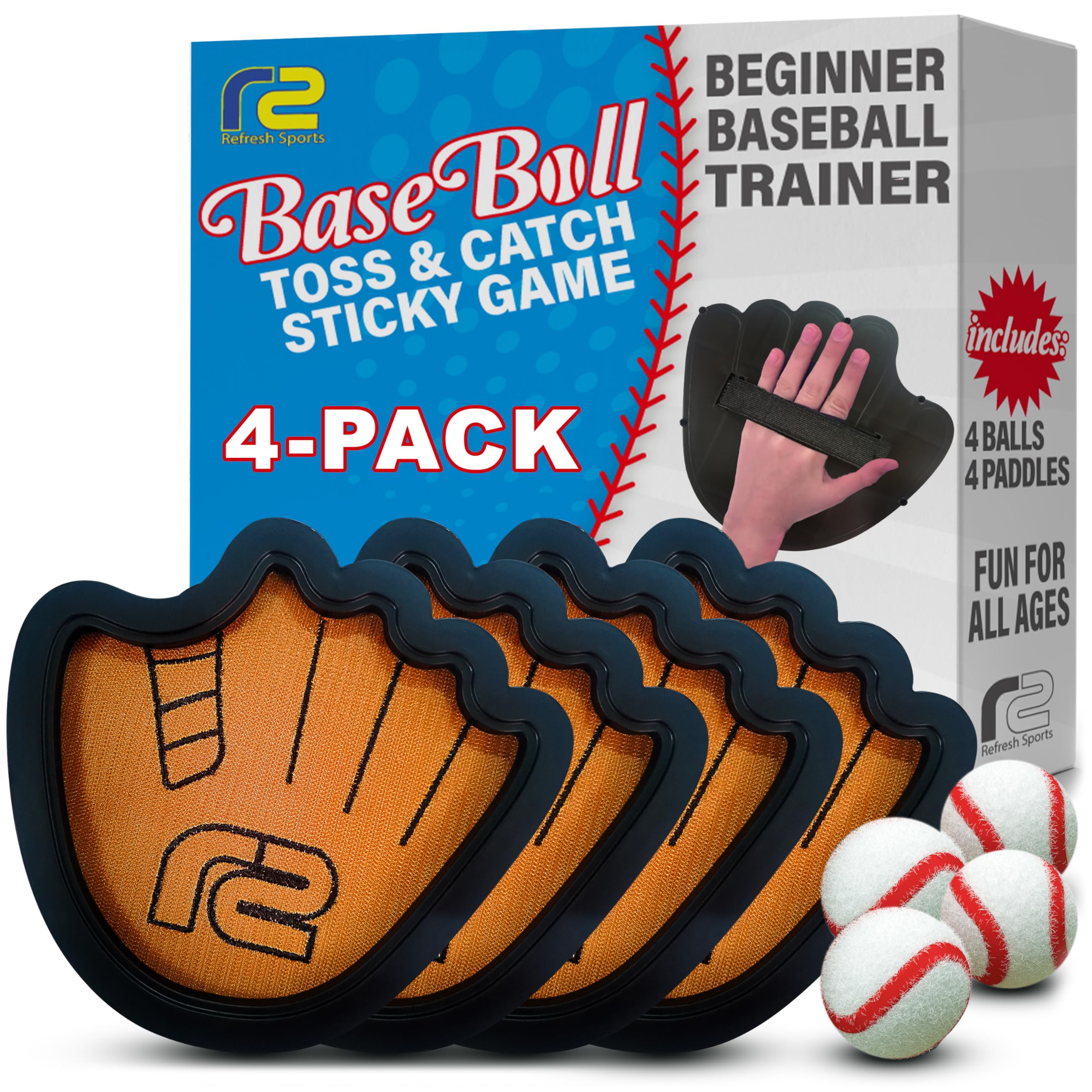 Toss and Catch Ball Game Set - Easy to Use Sticky Balls & Beginner Baseball Training Glove - Premium Toy Paddle Fits All Hand Sizes From Toddlers to Teens & Adults - Fun Gift Idea for Boys and Girls
