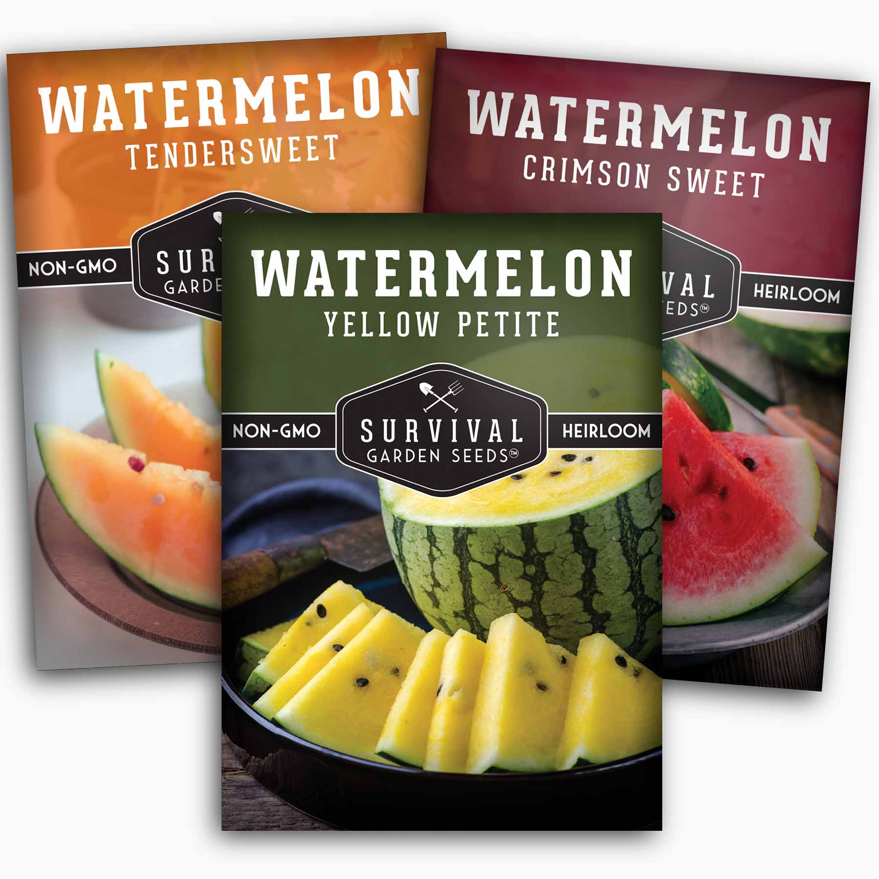 Tri-Color Watermelon Seeds for Planting – Heirloom Variety Pack: Crimson Sweet, Yellow Petite, & Tendersweet Orange – 3-Variety Watermelon Collection by Survival Garden Seeds