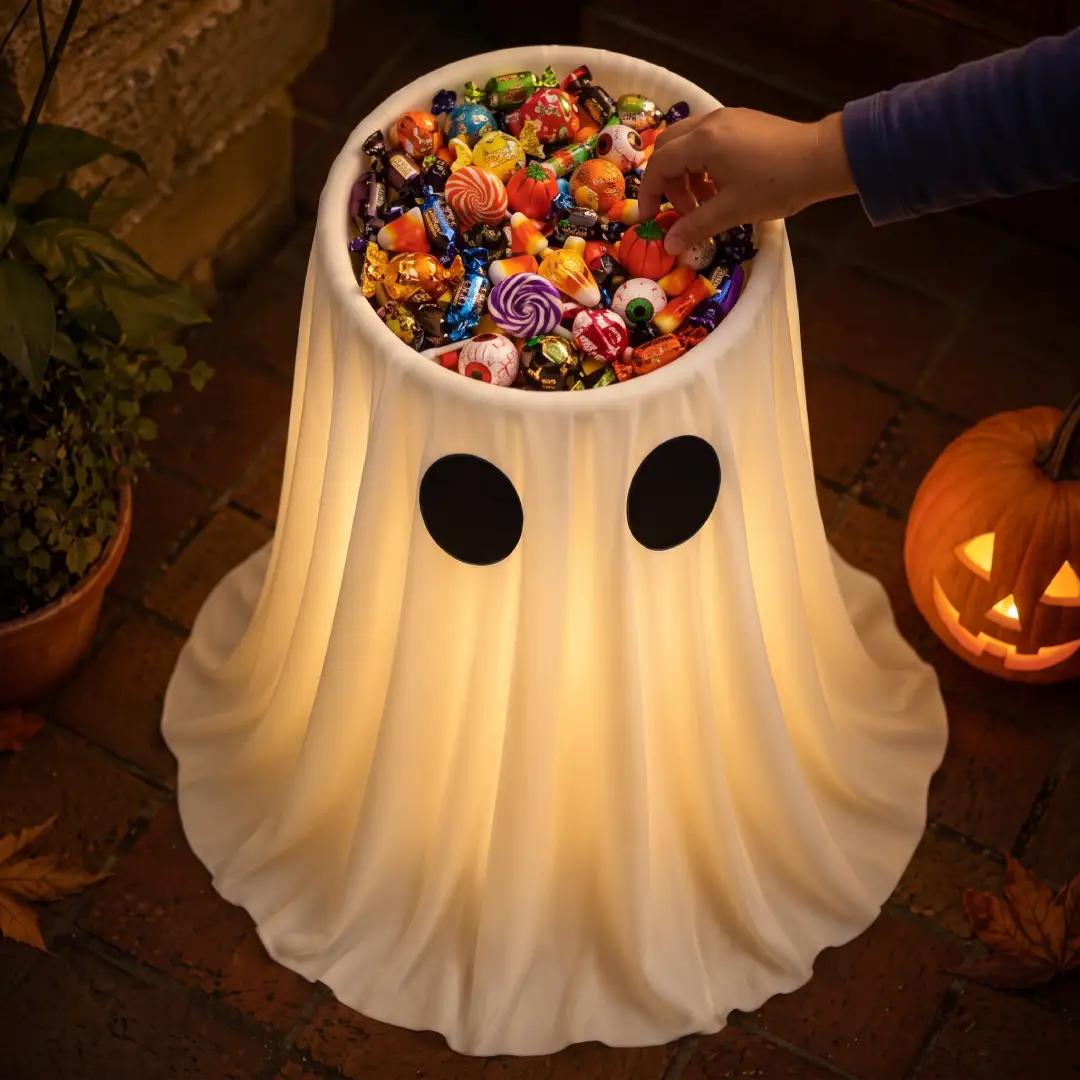 30-Inch Lighted Halloween Ghost Candy Bowl with Timer & Remote image 1