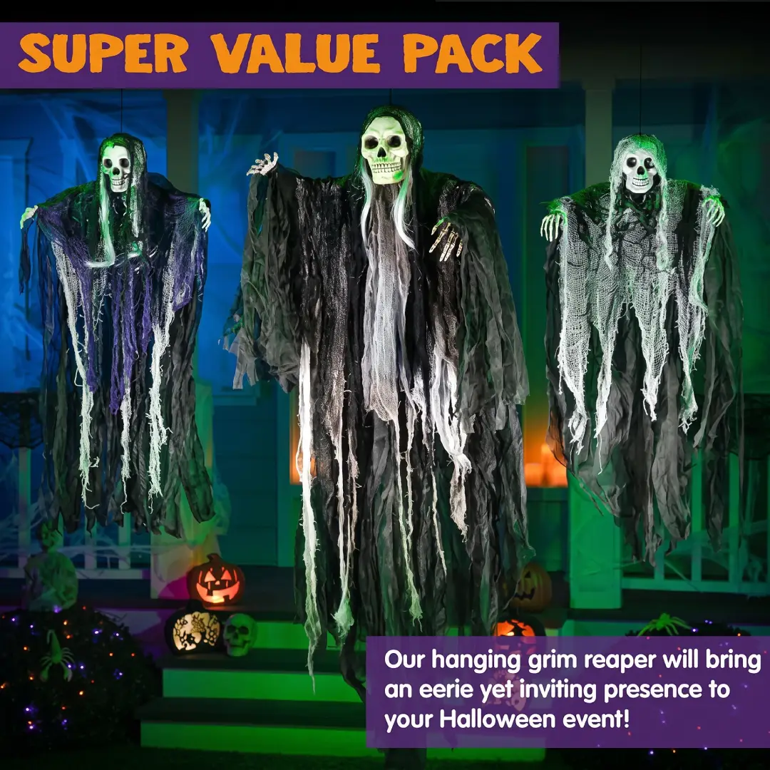 3-Pack Hanging Halloween Skeleton Ghosts & Grim Reaper Decorations image 5