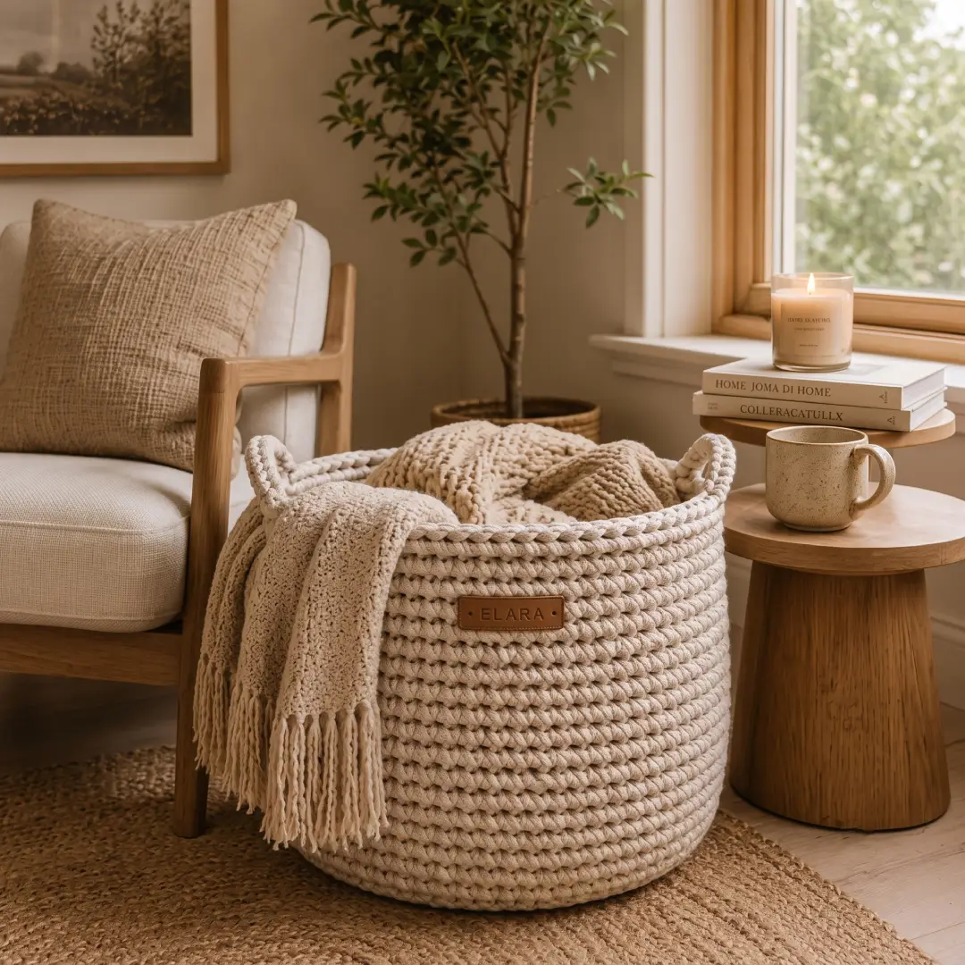 Beige Blanket Basket for Living Room Storage and Decor