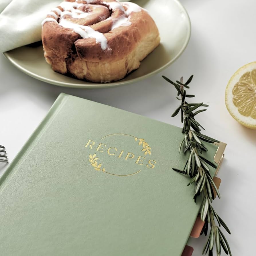 Kikaze Collection Blank Recipe Notebook | Small Blank Recipe Book to Write in Your Own Recipes | Artisan Hardcover Journal for 60 Recipes | 8.4” x 6” Leather Sage Green & Gold Hardcover | Tabs, Stickers, Pocket & Bookmarks
