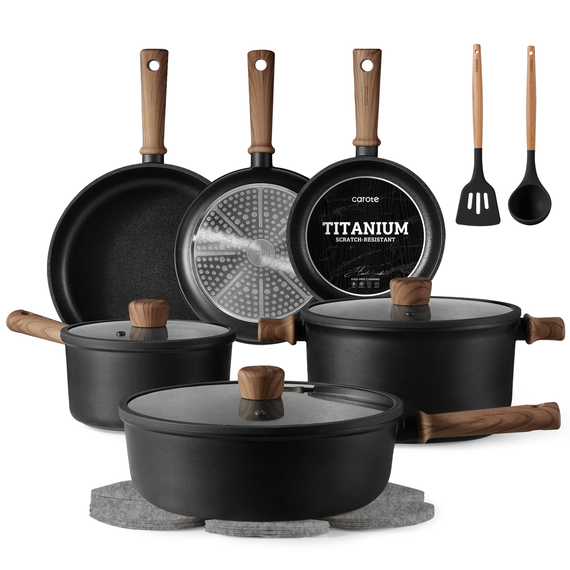 CAROTE Nonstick Pots and Pans, Induction Titanium Cookware Set 16pcs Kitchen Cooking Sets, Pot and Pan Non Stick w/Frying pan (PFOS, PFOA Free)