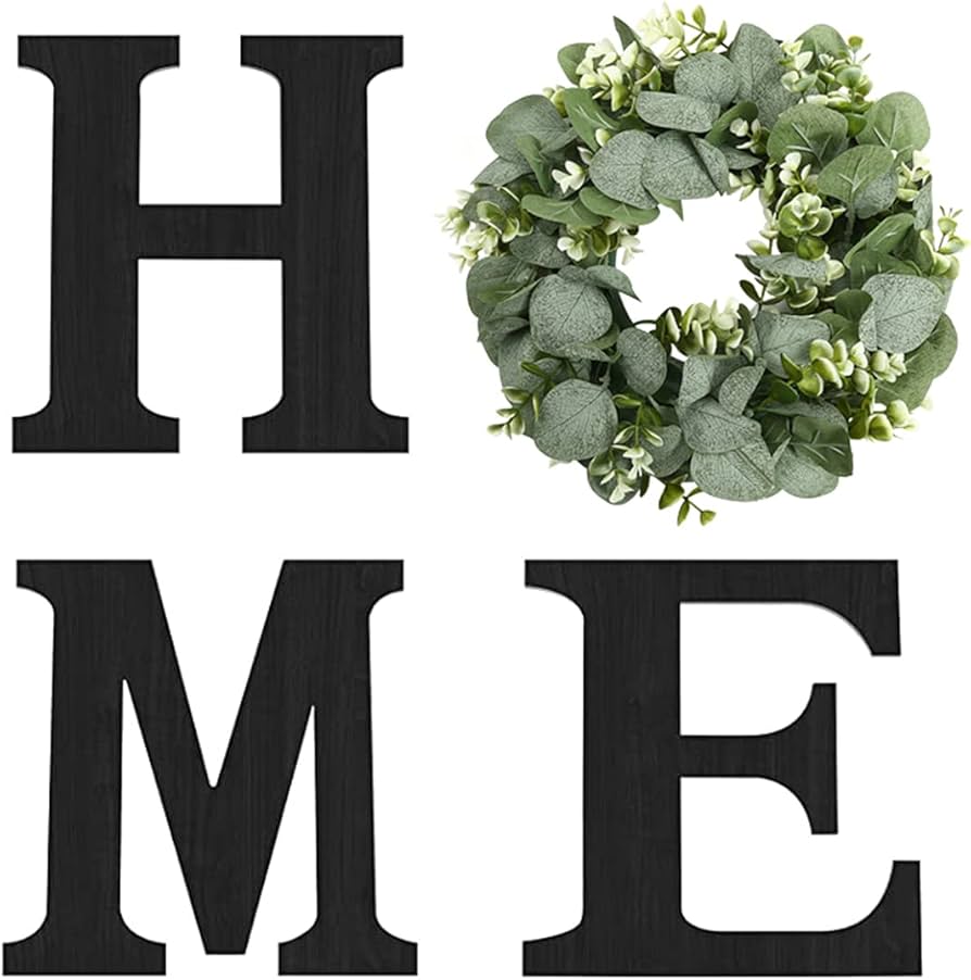 Pinkpum Wood Home Sign with Artificial Eucalyptus Wreath for O, Hanging Farmhouse Wall House Decor Wood Letters for Wall Art Rustic Home Decor, Wall Decor for Living Room Kitchen Entryway (Black)