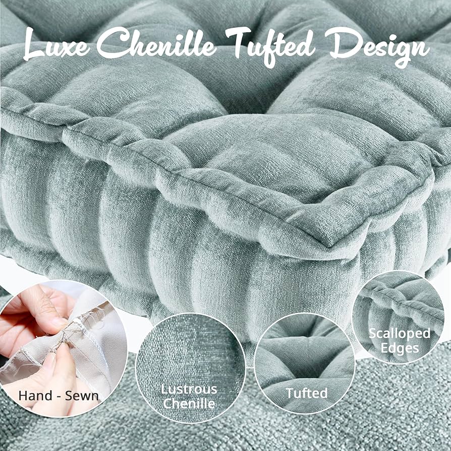 Intelligent Design Large Floor Pillow for Adults Yoga or Meditation Cushion with Handle, Floor Cushion for Board Games, Lustrous Chenille Tufted, Handsewn Scalloped Edge, Azza, 24" x 24" x 5" Aqua