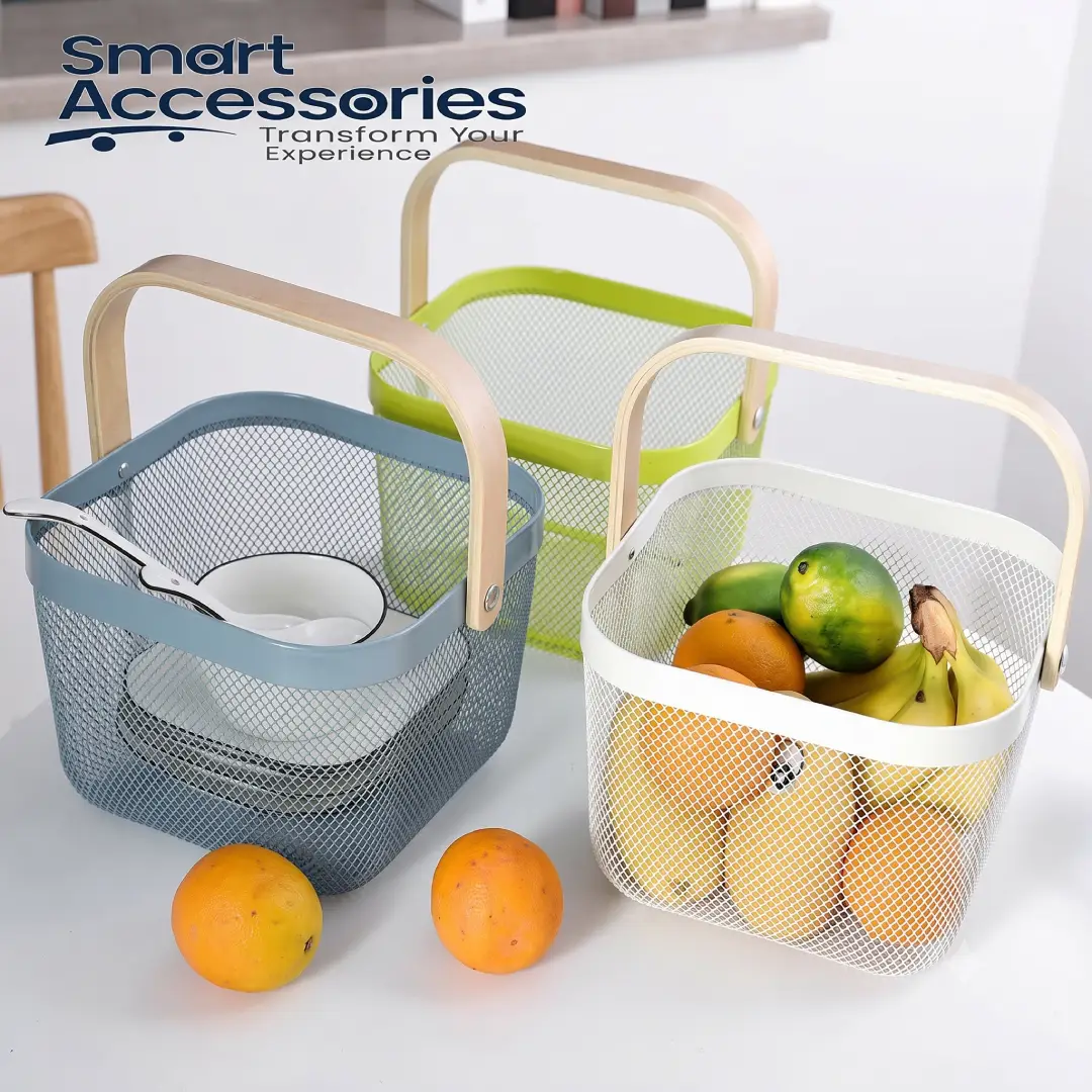 Metal Mesh Wire Storage Basket with Wood Handle image 3