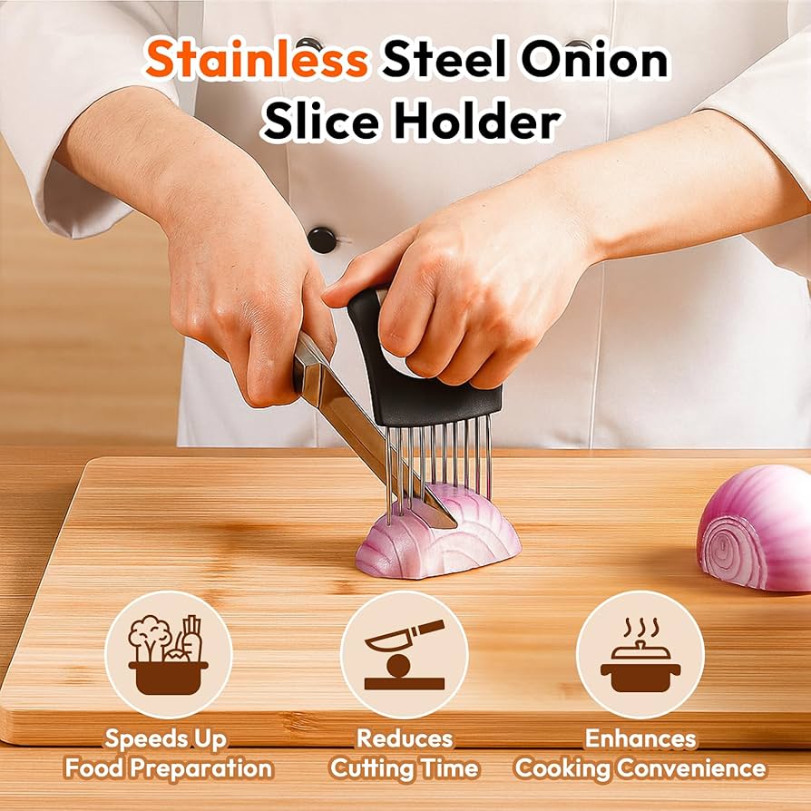 Onion Slicer, Stainless Steel Onion Holder for Slicing with Protective Case, Onion Cutter Tool for Meat Lemon Potato Tomato Avocado Egg Kitchen Slicing Assistant Tool (1 PCS)
