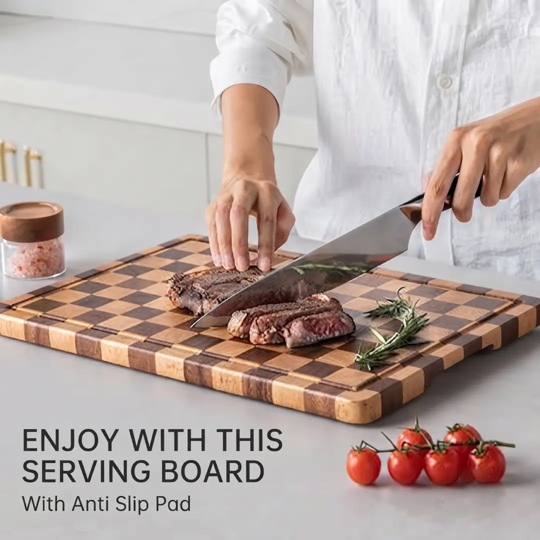 Acacia Wood Checkered Cutting Board with Juice Grooves image 3