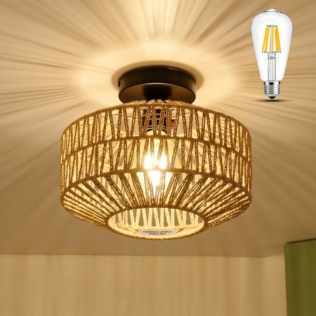 Boho Rattan Ceiling Light Fixture with Dimmable LED Bulb