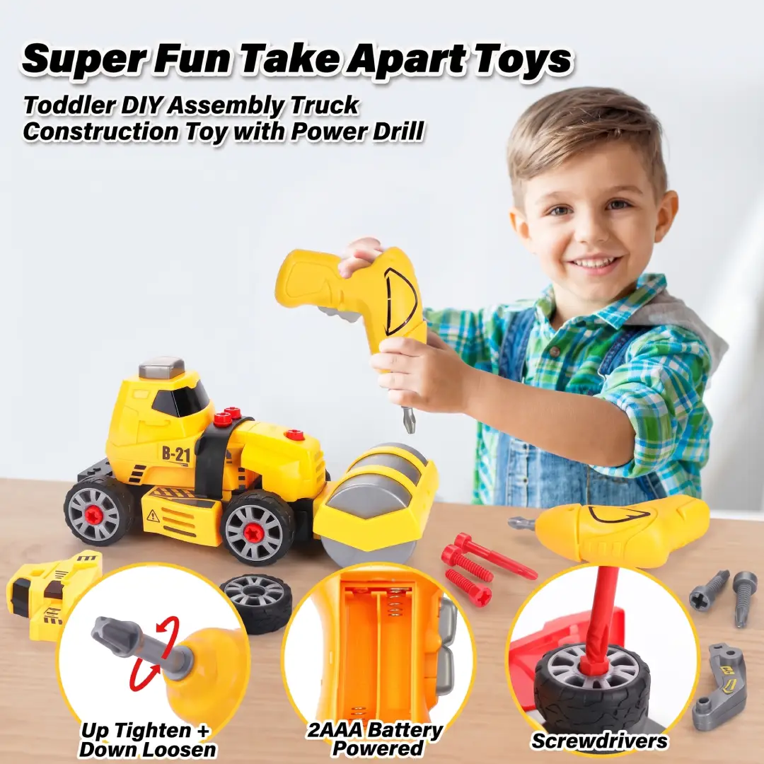 7-in-1 Take Apart Construction Truck Set with Electric Drill – STEM Toy for Kids image 2