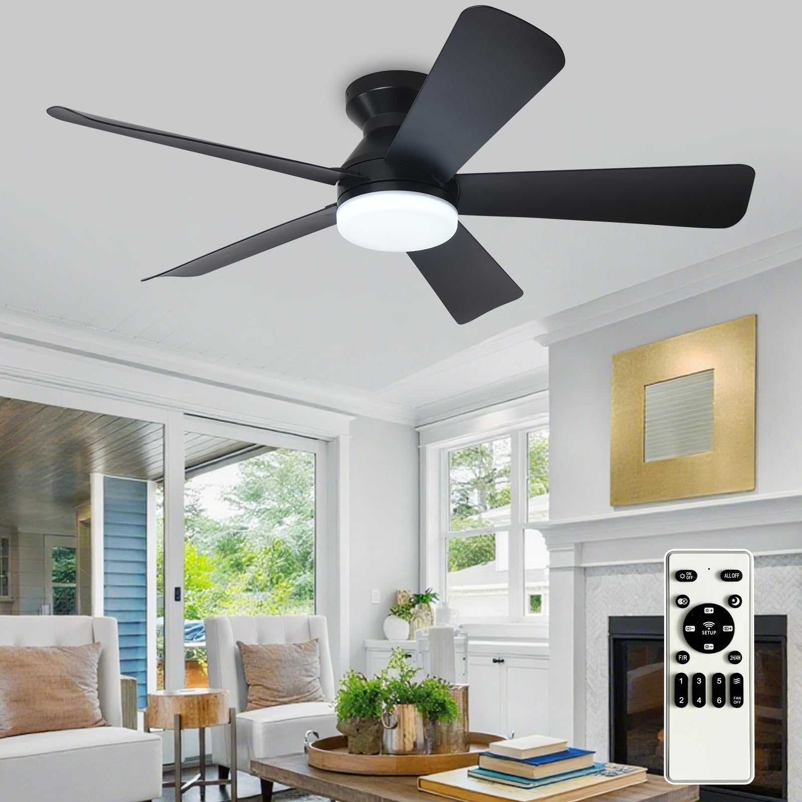 Depuley Modern Ceiling Fan with Light: 42-Inch Black Small Fans for Bedroom Indoor Outdoor - Dimmable Low Profile Ceiling Fans with Remote Control Flush Mount 5 Reversible Black Blades 6 Speeds Timer