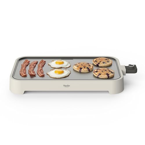 Martha Stewart 12” x 22” Electric Griddle, XL Ceramic Nonstick Flat Top Cooking Surface, Adjustable Temperature Dial, Drip Tray, Dishwasher Safe, 1500W Fast Even Heating, Pancakes & Eggs, Linen White
