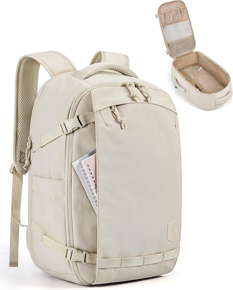 BAGSMART Travel Backpack Women, 15.6 Inch Carry On Backpack Flight Approved, TSA Approved Personal Item Travel Bag, Water Resistant Weekender Bag Luggage Daypack, Beige