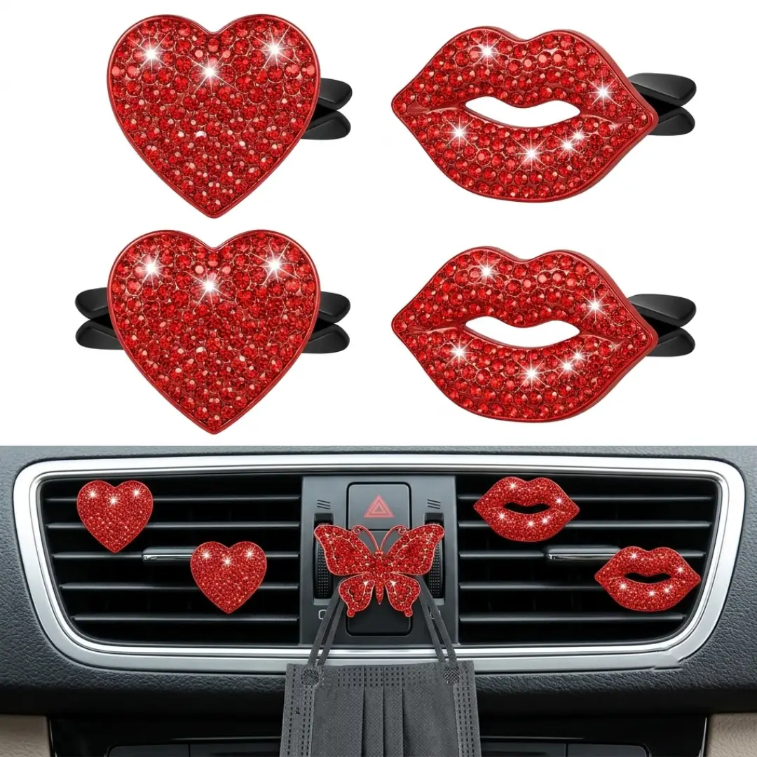 5 Pcs Bling Red Lips Car Air Vent Clips Heart Rhinestone Charms image 2