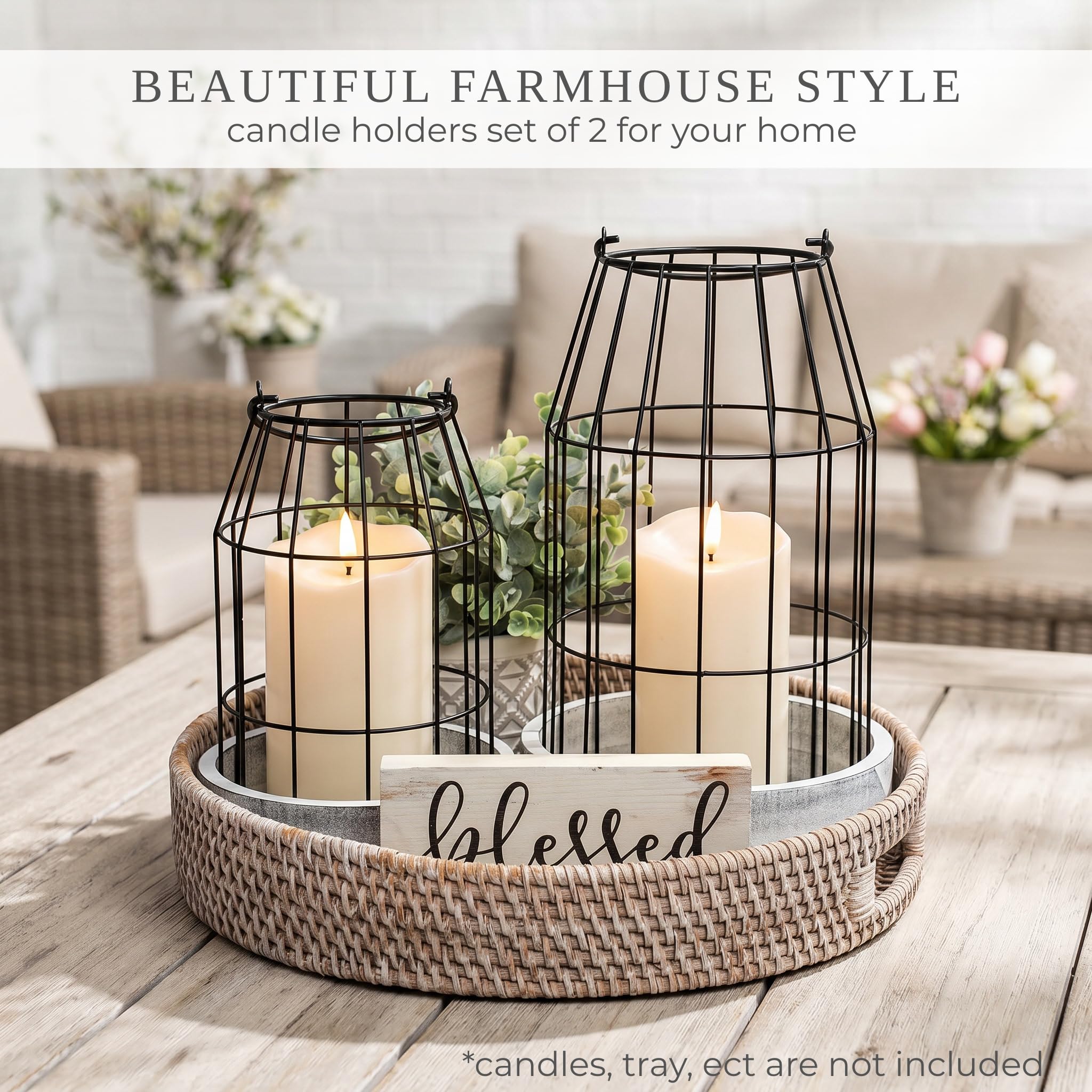 Rustic Farmhouse Lantern Decor Set of 2 - Stylish Decorative Lanterns for Your Living Room, Patio & Porch or Kitchen Dining Table - Modern Indoor/Outdoor Coffee Table Decor for Your Entire Home