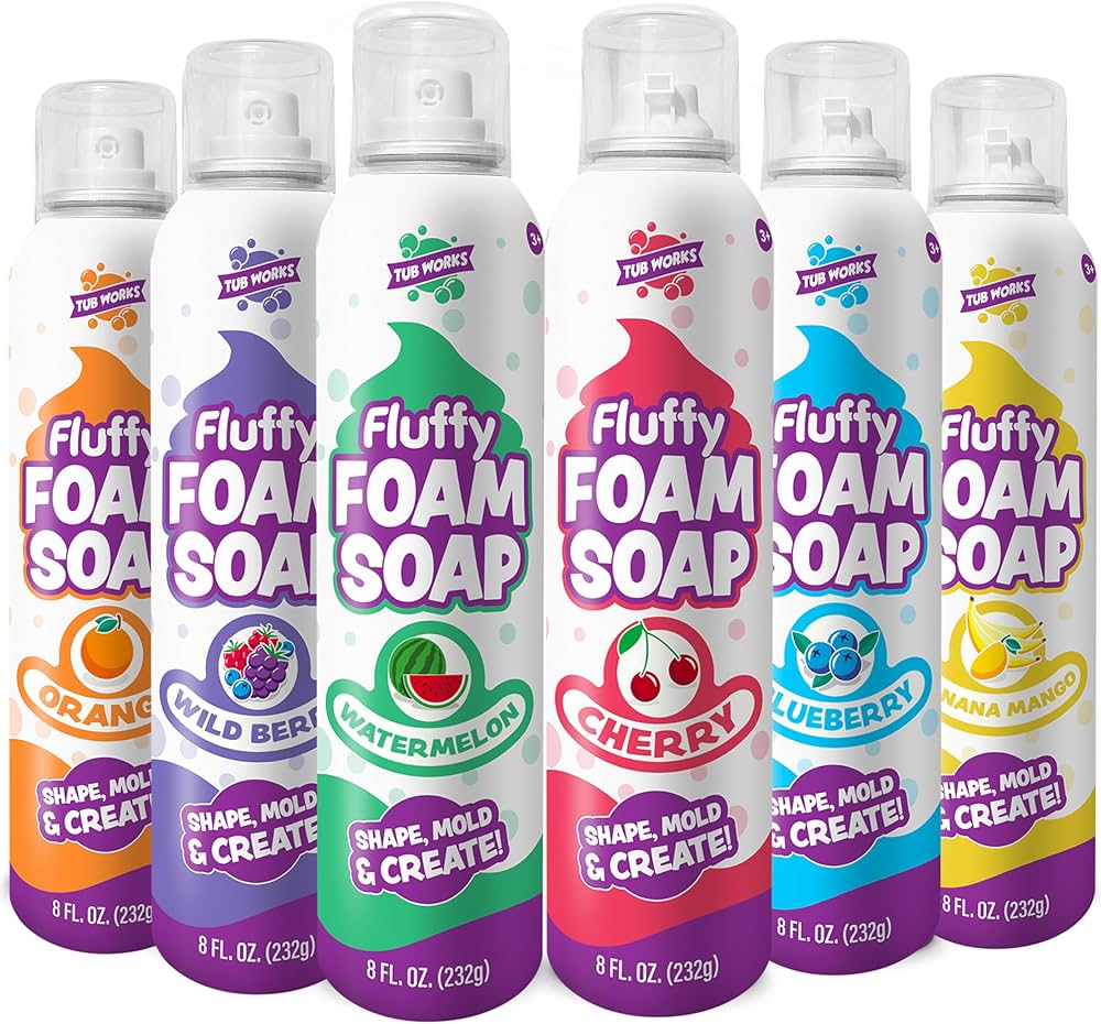 Tub Works® Fluffy Foam Soap, Variety 6 Pack | Shape, Mold & Create Bath Art with Soft Bath Foam for Kids | Gentle, Cleansing Kids Bath Soap | Easy-to-Use Spray Nozzles | Fruity, Fun Bath Colors