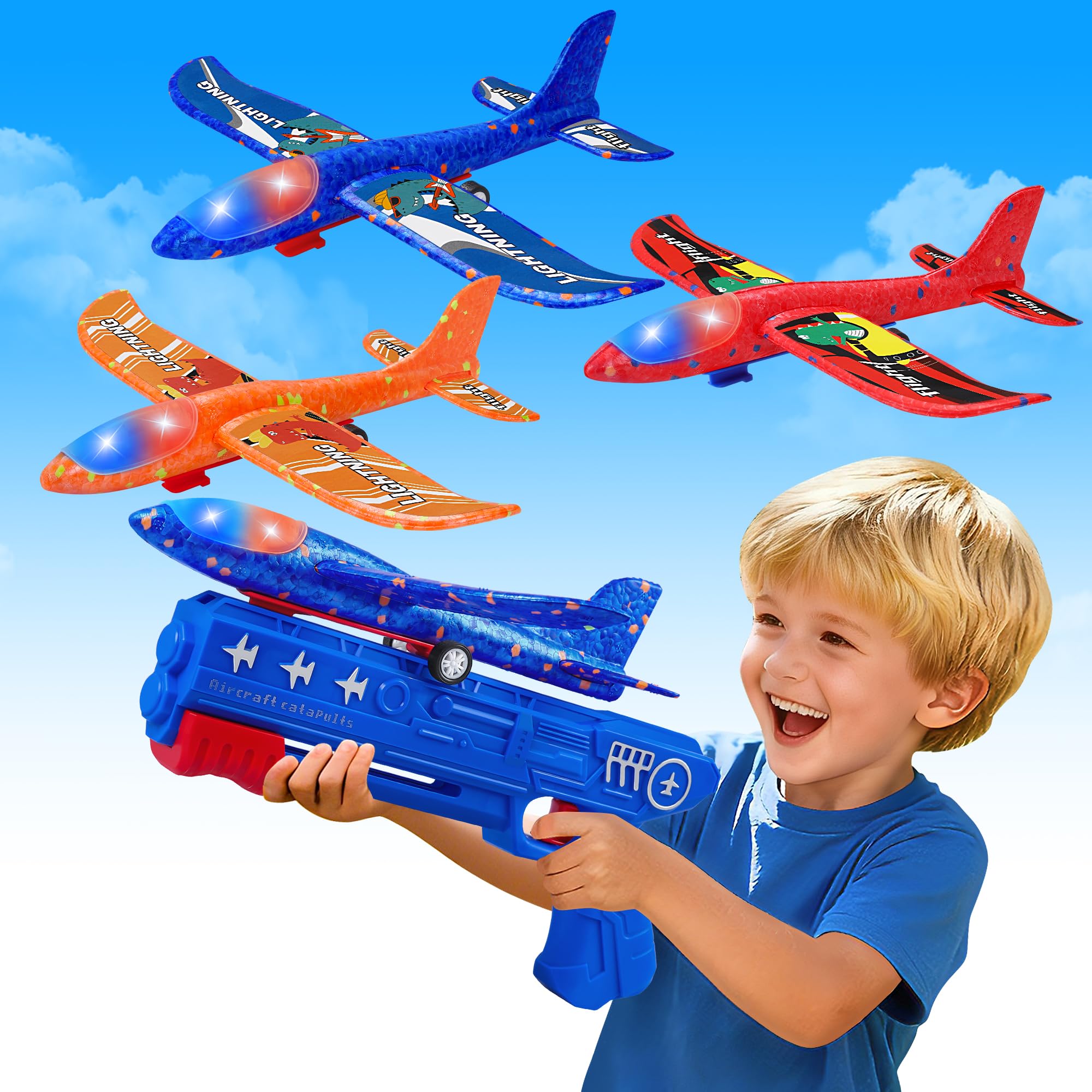 LJZJ 3 Pack Airplane Launcher Toys, 2 Flight Modes LED Foam Glider Catapult Plane, Outdoor Flying Toy for Kids, Birthday Gifts for Boy Girl 3+ Year Old, B-Day Party Supplies