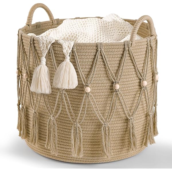Blanket Basket for Living Room Decor Storage Basket for Toy Organizer Boho Decor Baskets for Modern Farmhouse Decor Small Laundry Basket for Bedroom and Laundry Room Organization,Beige